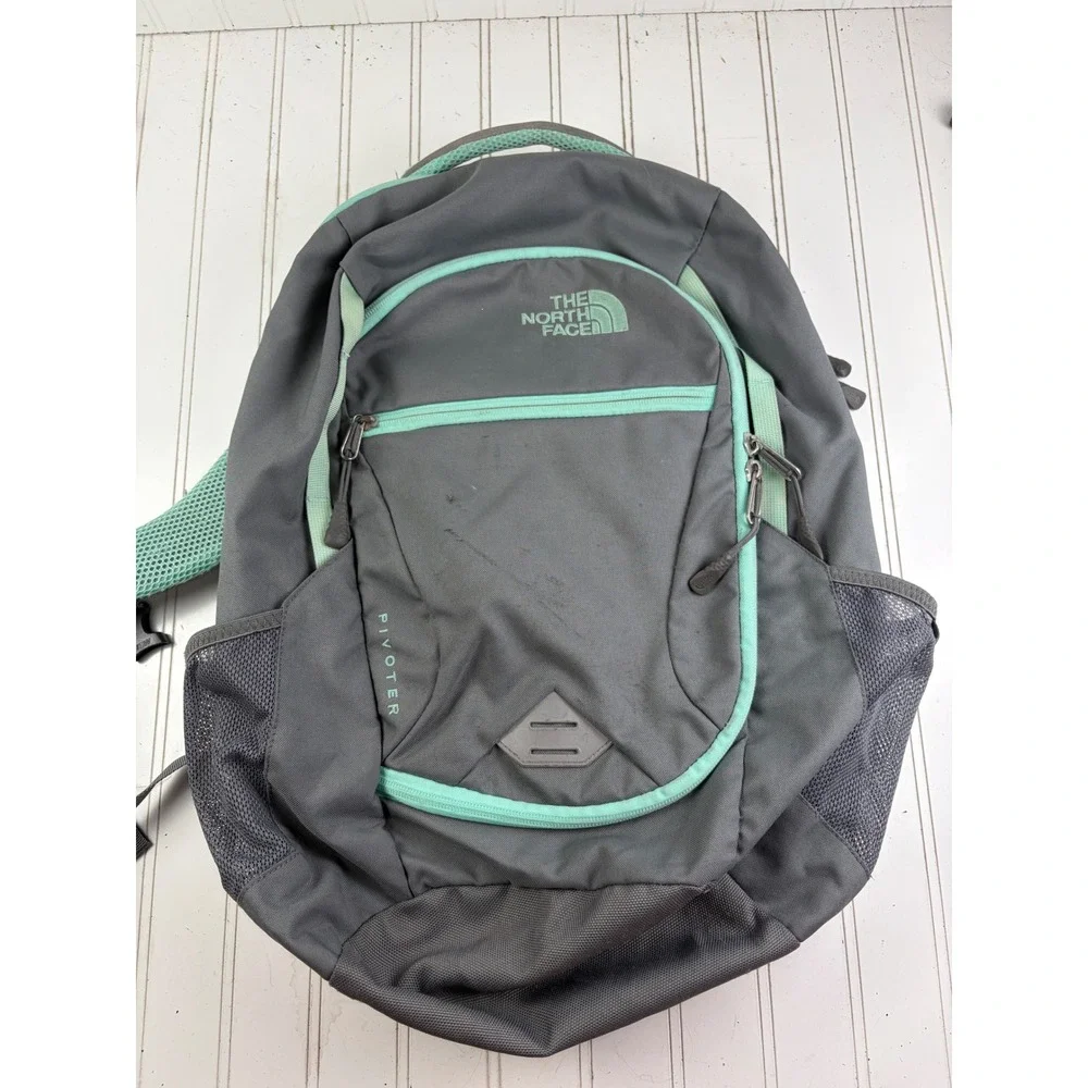 The North Face Pivoter Gray Mint Green Laptop School Backpack Bag